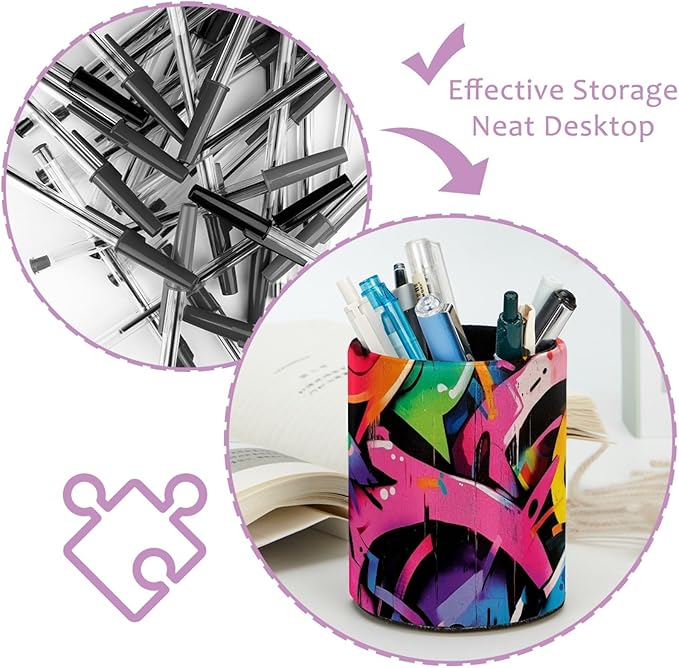 Leather Pen Holder for Desk Cartoon Graffiti Pencil Cup Desktop Organizer Makeup Brush Holders Office Supplies for Home, Kids & School