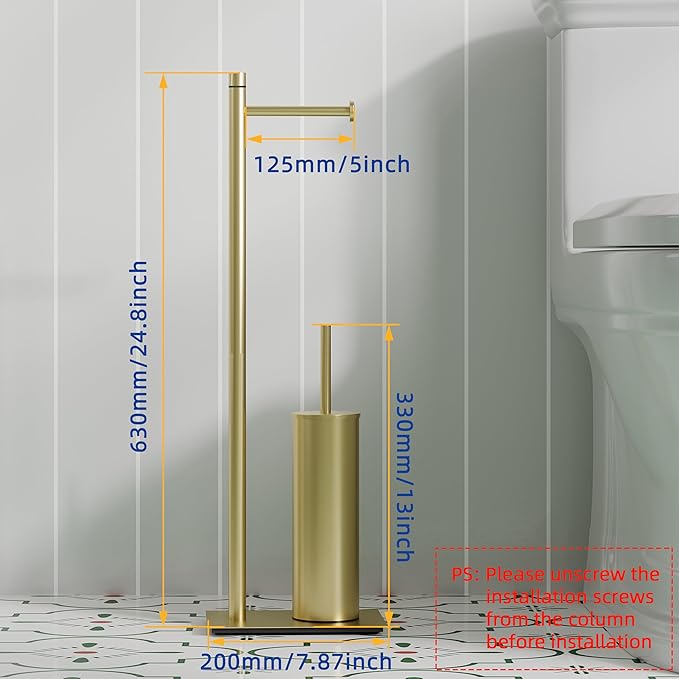 RUACQ Toilet Paper Holder Stand with Toilet Brush and Holder Set, 304 Stainless Steel Bathroom Toilet Tissue Paper Roll Holder Free Standing, Weighted Base, Heavy Duty (Brushed Gold)