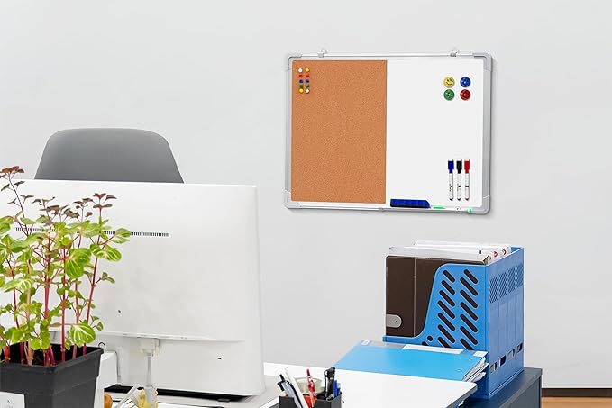 Combination Whiteboard Bulletin Board Set - 24 x 18 in Dry Erase/Cork Board with 1 Magnetic Dry Eraser, 4 Markers, 4 Magnets and 10 Thumb Tacks - Combo Tack Board White Board for Home Office Desk