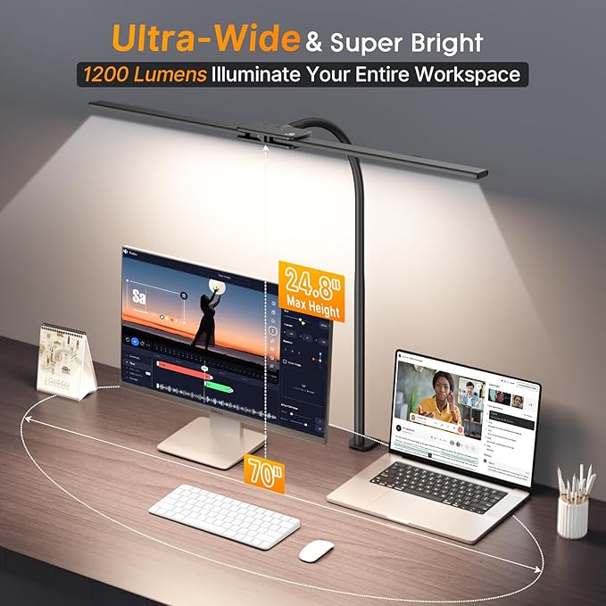 Syrinx LED Desk Lamp for Home Office – Eye-Caring Dual Head Desk Light with Flexible Gooseneck, Clamp, Gesture/Wired Control, 50 Lighting Modes with Memory/Timer for Study, Crafting