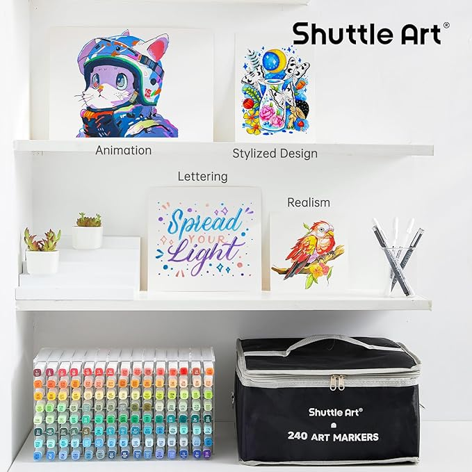 Shuttle Art 240 Colors Alcohol Markers, 239 Colors Dual Tip Art Marker Set Plus Colorless Blender, Micro-tip Pens, White Highlighter Pens, Marker Bag with Holders Perfect for Students Adults Coloring