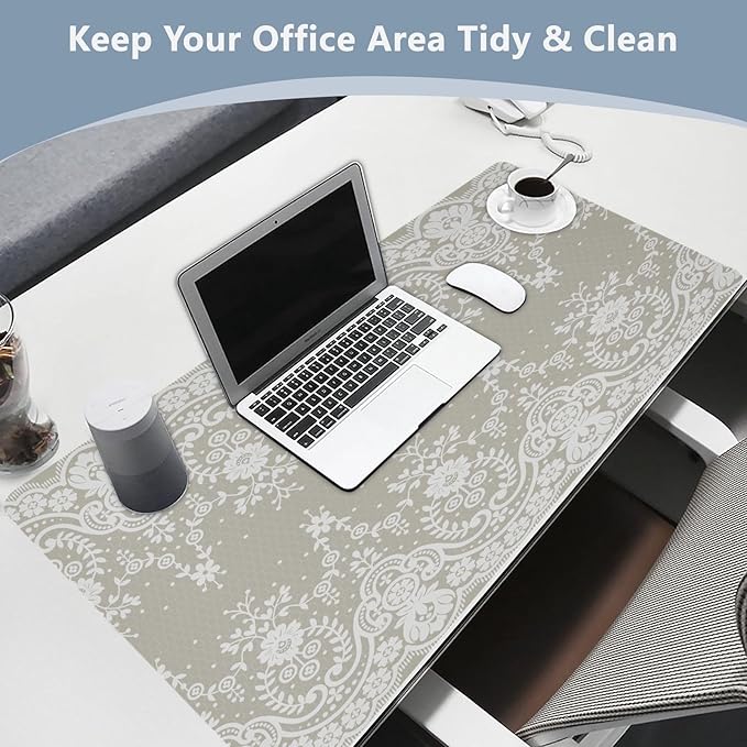 Mouse Pad Desk Mat Leather Desk Pad Large Gaming Desk Cover Protector Mat for Keyboard Computer Laptop Office Waterproof 47.2 x 23.6 Inch Lace Flowers Beige