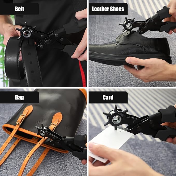 Diyife® Leather Hole Punch, Heavy Duty Belt Hole Punch, Revolving Punch Plier Kit with Extra Grinding Needle, Punch Plates, Ruler and 6 Marked Hole Sizes for Watch Band, Crafting, Fabric - Black