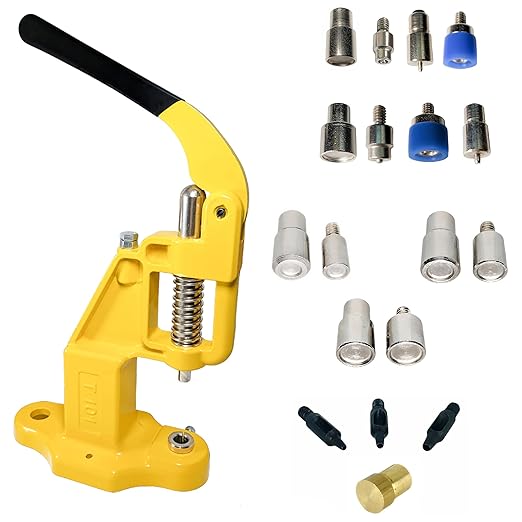Snaps'N'Rivets Hand Press Kit with 2 Utility Snap Dies and 3 Double Capped Rivet Dies and 3 Hole Punches(Yellow Press)