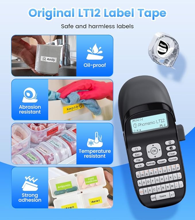 Phomemo LT12 Label Maker Machine with Tape, Rechargeable Handheld Label Makers with QWERTY Keyboard Portable Bluetooth Labeler with & 1600+ Icons, 30+ Fonts, for Home, Office, Gray