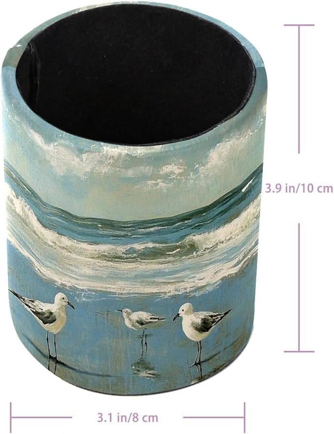 Round Creative Pen Holder |Beach Birds East Coast Ocean (2) Desktop Storage Organizer|Gadget Stationery Storage Box|Office Leather Organizer