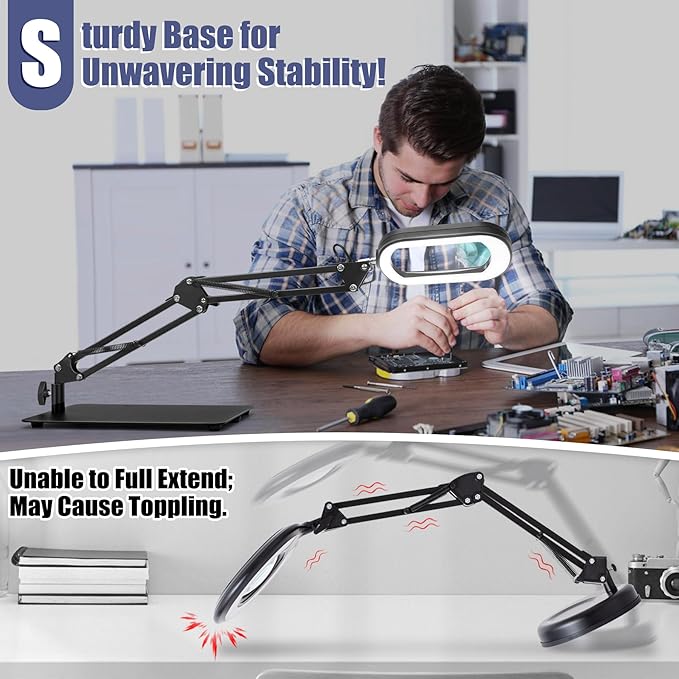 Drdefi 10X Square Magnifying Glass with Light and Stand, Real Glass LED Lighted Magnifier, 5 Color Modes Stepless Dimmable, Hands-Free Mag Desk Lamp with Clamp for Reading Craft Hobby Close Work