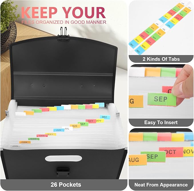Uquelic 26 Pockets Expanding File Folder Organizer - Upgraded Durable Buckle, Accordion Folder Base with Ergonomic Portable Handle/Large A4 Letter Size Document Organizer, Folders with Pockets