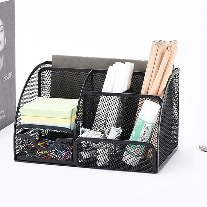 Black Mesh Pen Holder and Organizer Office Supplies with 7 Compartments, Desktop Organizer with Drawer, Metal Pen Holder for Desk, ‎9.1" x 5.9" x 5.5''