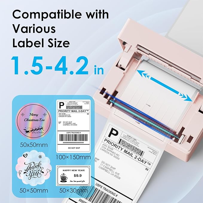 Bluetooth Thermal Label Printer, 4x6 Portable Thermal Shipping Label Printer for Small Business, Compatible with iPhone,Android,Windows,Mac,Chromebook –Works with Ebay Shopify USPS&More, Pink