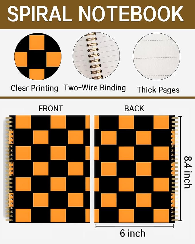 Spiral Notebook A5, Hardcover Journal for Women, 120 Pages Thick College Ruled Paper, Perfect for Office, School, or Home Use(Black and Orange Checkered)