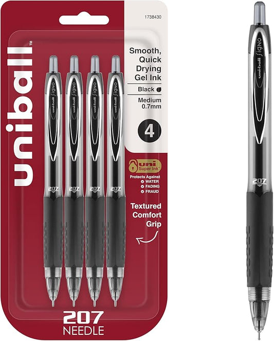 uniball Signo 207 Needle Point Gel Pen, Retractable, Medium 0.7 mm, Black Ink, Black Barrel, 4/Pack