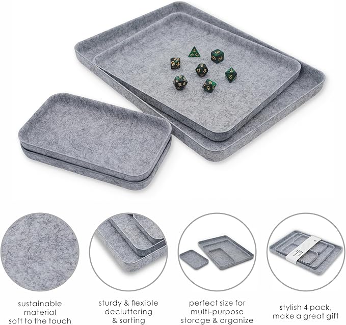 Welaxy EDC Catchall Desk Organizer felt DND dice rolling tray stylish nightstand Entryway Bedside Caddy for Keys Phone Wallet Watch Glasses Pens Office Accessory 4-piece (Gray)