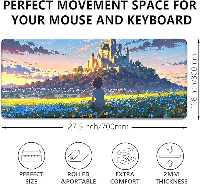 Cartoon Cute Fantasy Castle Sky Flowers Children Extended Desk Pad Mouse Pad,Stitched Edges Non-Slip Rubber Base XL Mouse Mat Desk Mat for Office Home Work Mousepad(27.5X11.8 Inch)