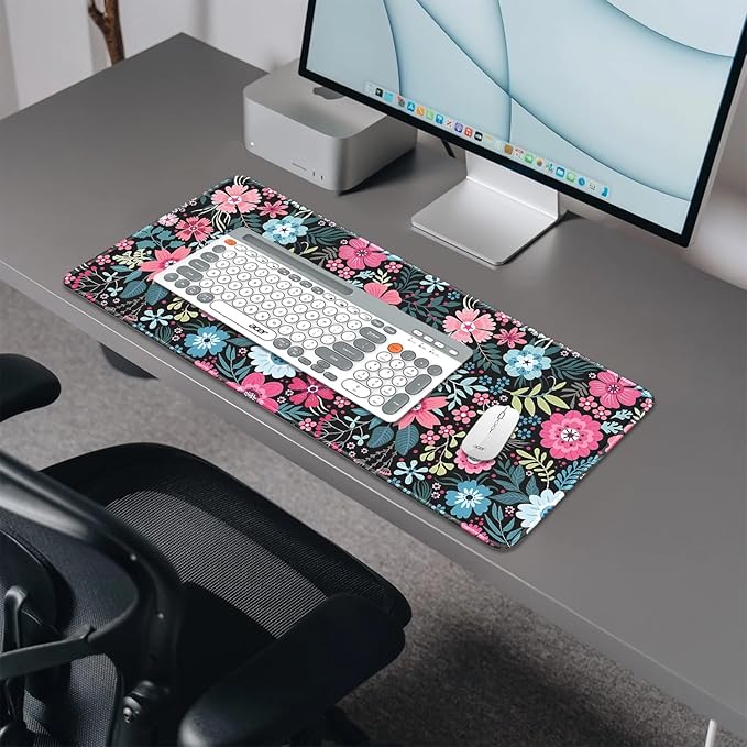 Retro Flowers Mouse Pad,Large Vintage Floral Mousepad Desk Pad with Stitched Edges,Non-Slip Waterproof Rubber Base Mouse Mat for Office Computer Keyboard Laptop Home(27.5x11.8 in)