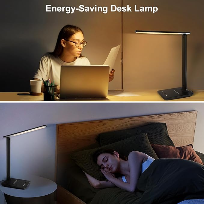 karidi LED Desk Lamp Dimmable Table Lamp with USB Charging Port, 5 Lighting Modes, Sensitive Control, Foldable Portable Desk Light for Home Office Bedroom Reading (Black, Standard Size - 13.3 inch)