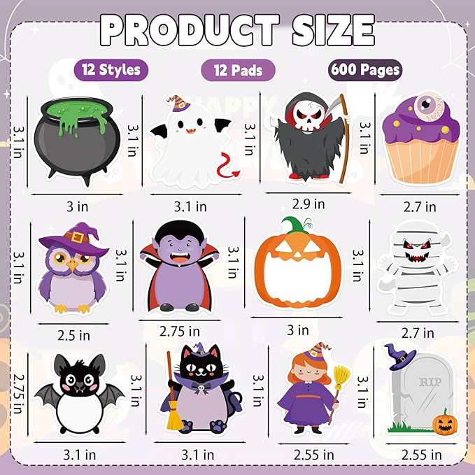 600 Halloween Sticky Notes, Cute Pumpkin Ghost Spider Memo Pads Halloween Note Pads for Trick or Treat Party Favors Home Office School Supplies