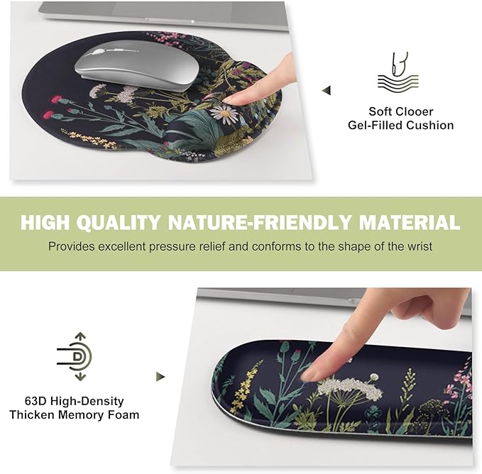 ToLuLu Desk Mat, XXL Large Mouse Pad Wrist Support Set，4 in1 Gaming Mousepad Desk Pad+ Ergonomic Mouse Pad with Wrist Rest + Keyboard Wrist Rest+Coaster for Home Office Computer Table, Weeds Plants