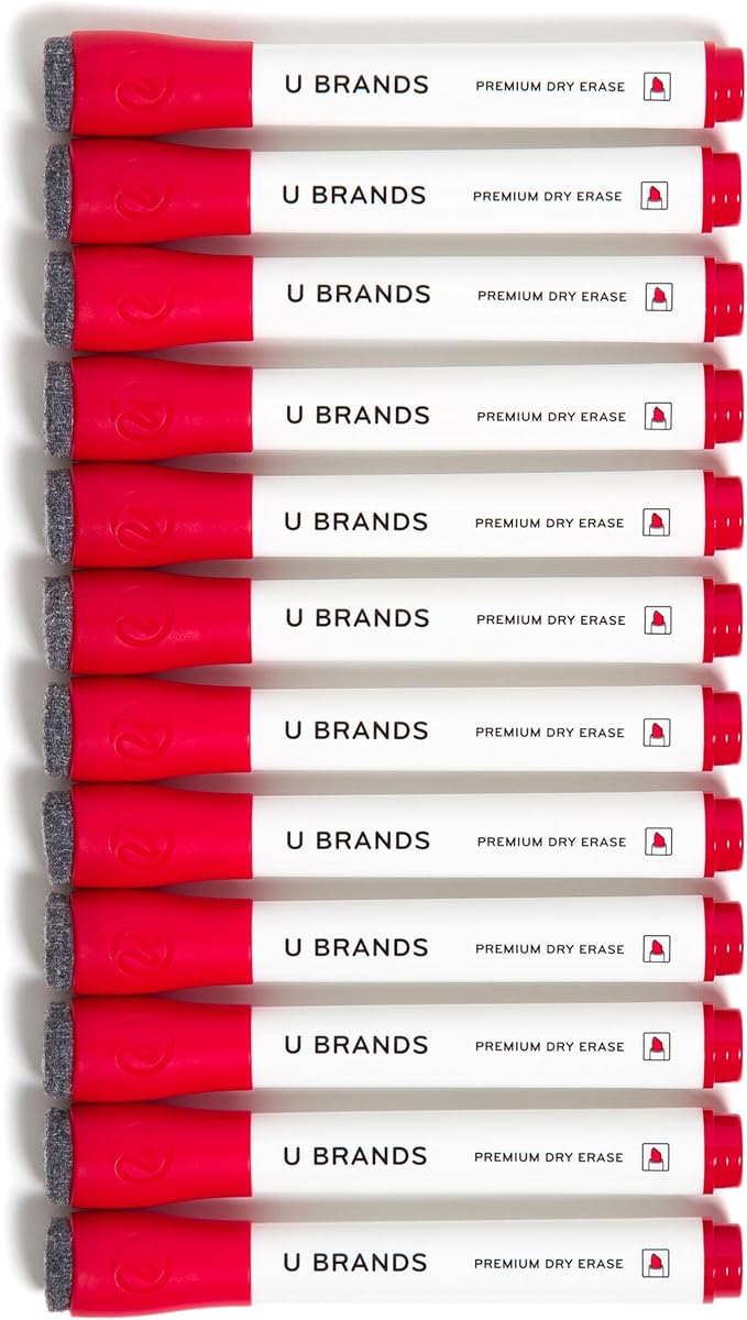 U Brands Fine Tip Dry Erase Markers with Eraser, Whiteboard Markers with Chisel tip, Low Odor, Red, Set of 12