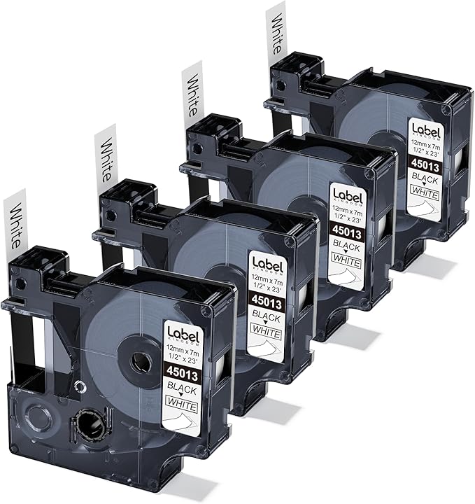 Replace for Dymo Label Maker Refills 45013 S0720530 D1 Label Maker Tape, 1/2 in x 23 Ft Black on White Compatible with DYMO LabelManager 160 210D 260P 280 360D 450D, 4-Pack