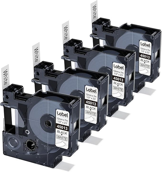 Replace for Dymo Label Maker Refills 45013 S0720530 D1 Label Maker Tape, 1/2 in x 23 Ft Black on White Compatible with DYMO LabelManager 160 210D 260P 280 360D 450D, 4-Pack
