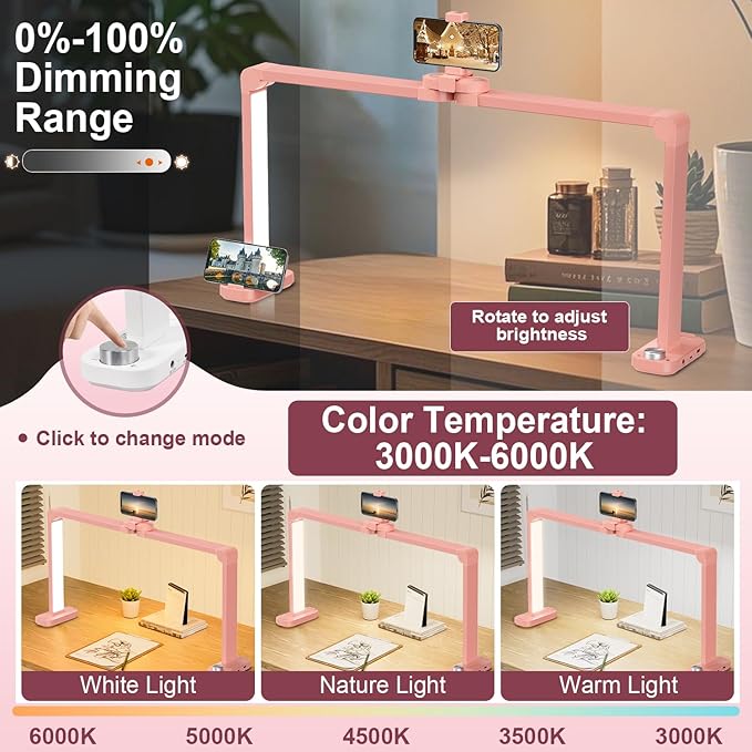 iVict Premium Large Nail Desks Light, 34" Foldable Lash Light for Eyelash with Phone Stand, 0-100% Adjustable Brightness, 3000K-6000K Color Temperature Led Desk lamp for Nail(Pink)