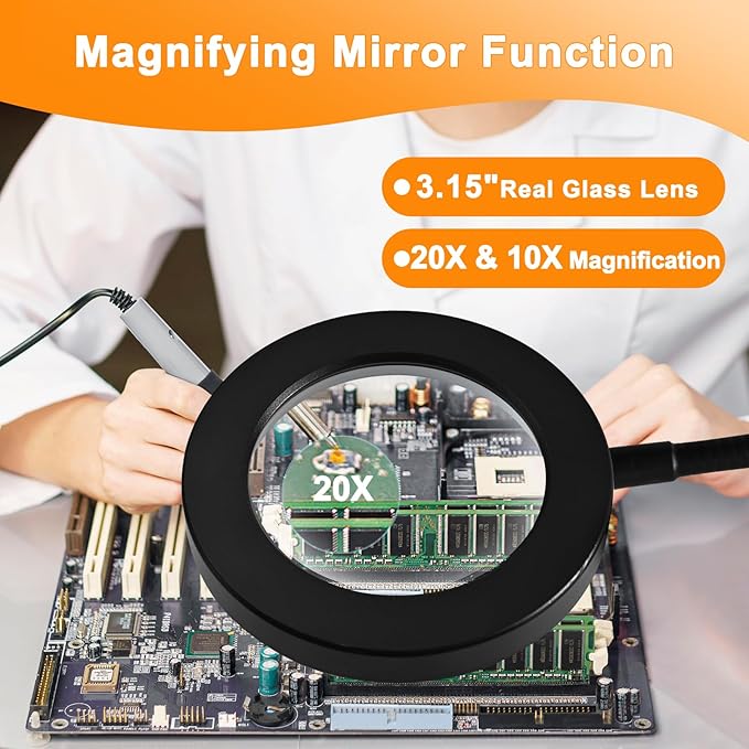 20X/10X Dual-Lens Magnifying Glass with Light and Timer, Combination Lens Magnifier with Light, 3 Color Modes, 2 in 1 Magnifying Desk Lamp for Craft Hobby Painting Sewing Close Work