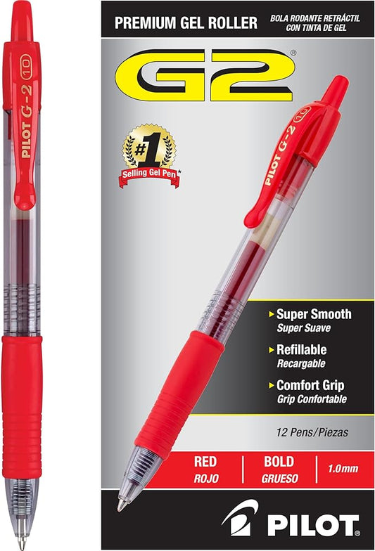 Pilot G2 Premium Gel Roller Pens, Bold Point 1 mm, Red Pens, Pack of 12 - Ideal for School, Journaling & Office Writing