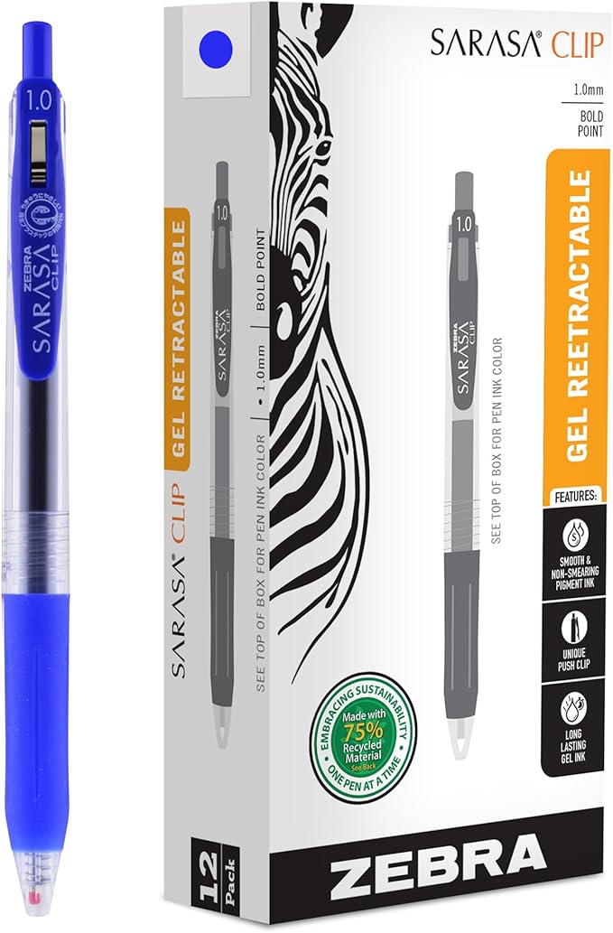 Zebra Pen Sarasa Clip Recycled Retractable Gel Pen, Bold Point, 1.0mm, Blue Ink, 75% Recycled, 12-Pack (48820)