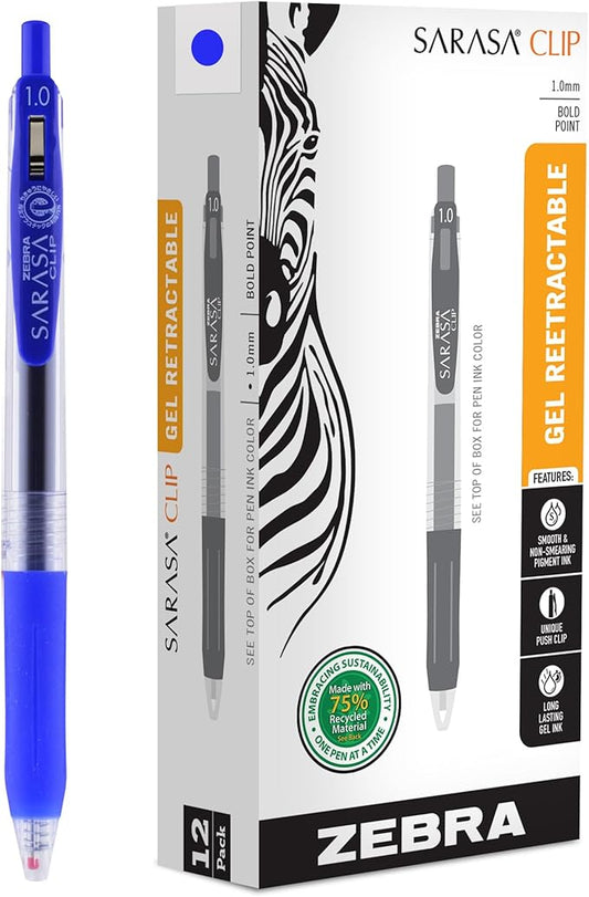 Zebra Pen Sarasa Clip Recycled Retractable Gel Pen, Bold Point, 1.0mm, Blue Ink, 75% Recycled, 12-Pack (48820)