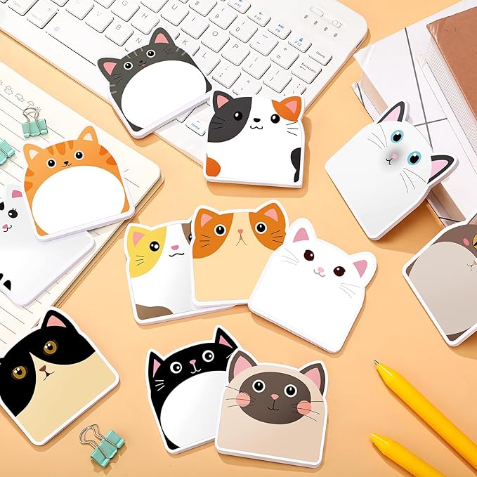 Yinder 24 Pads Cute Sticky Notes Kawaii Fun Animal Sticky Notes Pads Bulk Cartoon Memo Self Adhesive for Veterinary Gift Office School Tab Party Supplies(Cats)