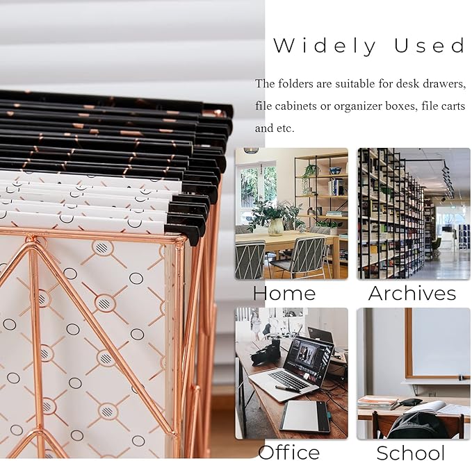 Y YOMA 12 Pack Decorative Hanging File Folders Letter Size Rose Gold File Folder Pretty Hanging Folder Organizer for Filing Cabinet Office Home with 1/5-Cut Adjustable Tabs, 3 Black Foil Design