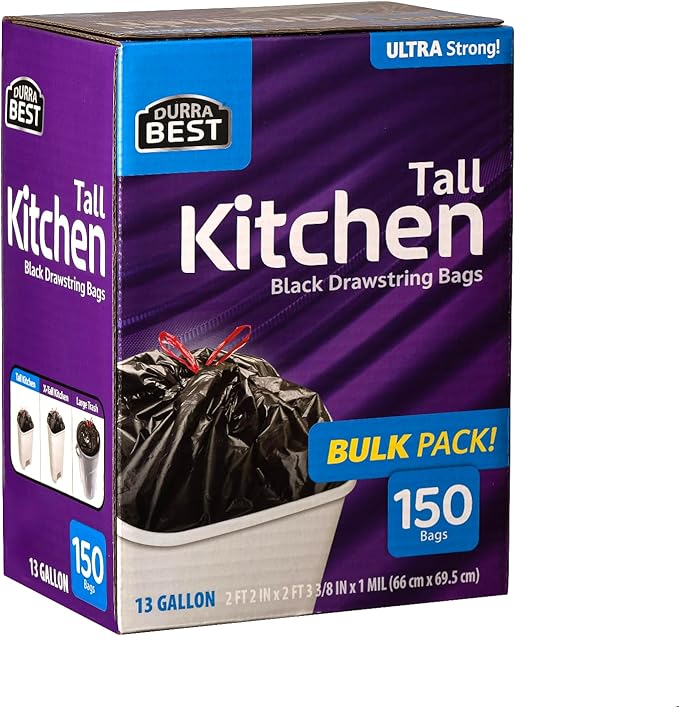 Heavy-Duty 1 Mil 13 Gallon Black Trash Bags (150 Count) - Drawstring, Leak-Resistant for Home & Commercial Use