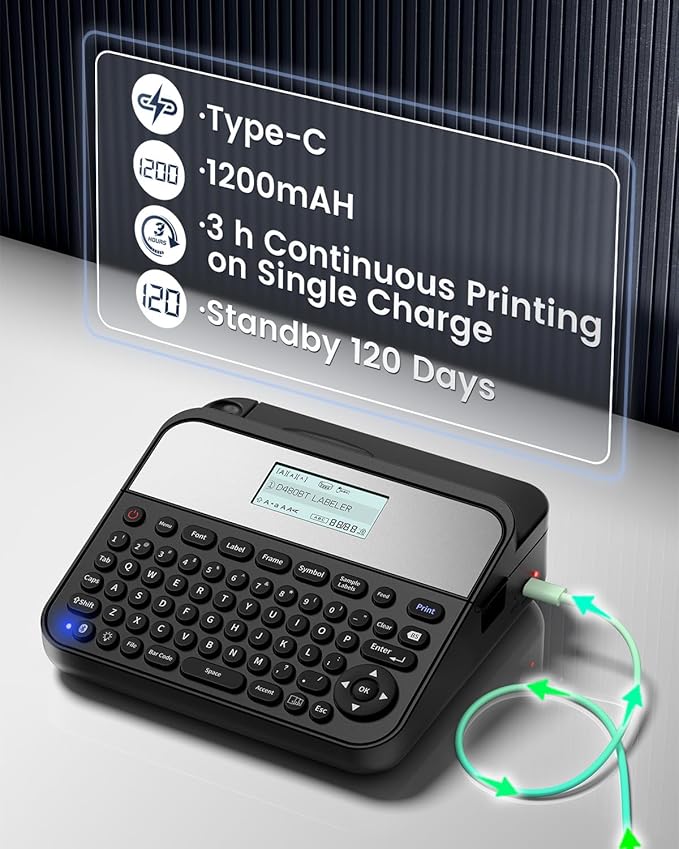 18mm Label Maker Machine with-Tape, Bluetooth Rechargeable Labeler with Keyboard, Backlit Screen, Connect PC & Phone, Create Via BZ Label Up to~18mm 3/4 inch, Idea for Home Office, D480BT