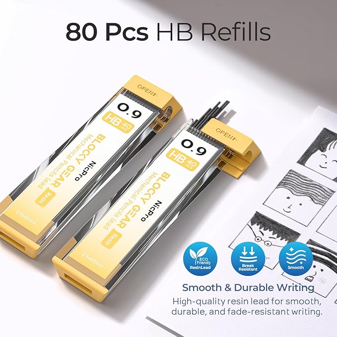 Nicpro Blocky Gear 0.9 mm Mechanical Pencils Set in Case, Metal Pencil with 0.9mm HB Lead Refills, Eraser for Professional & Adult Art Writing Drafting Drawing