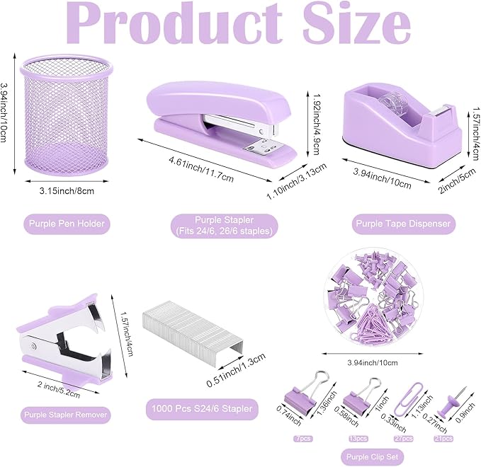 13 in 1 Purple Desk Office Supplies Set, Purple Stapler and Tape Dispenser Desk Accessories for Women with Stapler,Tape Dispenser,1000 Staple,Pen Holder,Staple Remover,Clip,Ruler,Scissor, Tab,Tape,Pen