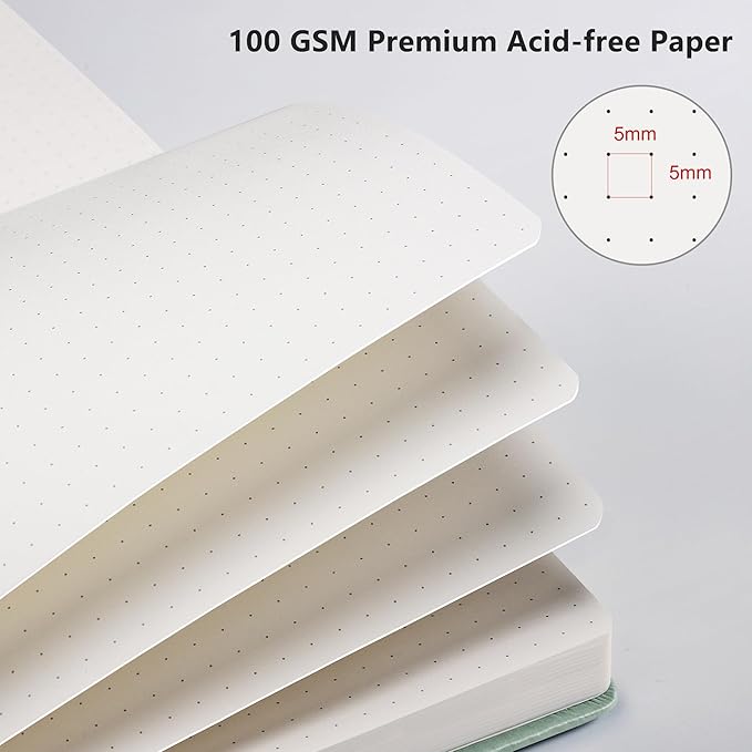 RETTACY Bullet Dotted Journal Notebook, 192 Pages, A5 Medium Size (5.7'' x 8.3''), Leather Hardcover, 100 GSM Thick Paper, for Bullet Journaling, Planning, Tracking (Sage Green)