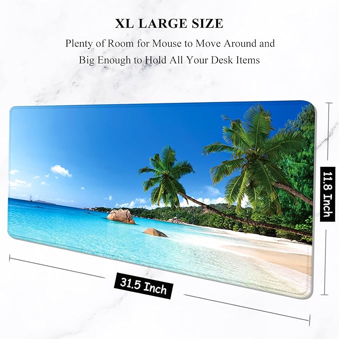 Auhoahsil Large Mouse Pad, XXL Gaming Mousepad, Desk Mat for Desktop, Thick Rubber, Big & Long Size, Stitched Edges, Full Desk Pad for Laptop & Computer, Extended 31.5 x 11.8 in, Beach Coconut Tree