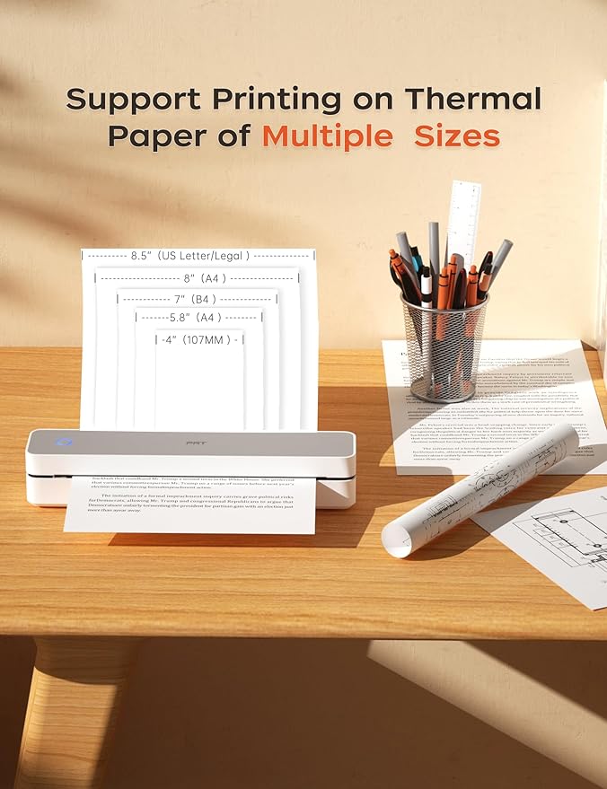 PRT Portable Printer Wireless for Travel, Inkless Bluetooth Small Mobile Thermal Printer, Support 8.5" X 11", A4, Compatible with iOS, Android, Laptop for Home Use, Office & Vehicles, 300 DPI, White