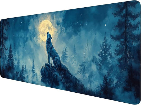 Moon Wolf Gaming Mouse Pad Desk Pad Wolf Howling Nature Wild Animal Woodland Mousepad XL Large Gaming Mouse Pad Laptop Keyboard Mat Desk Pad Office Home Decor for Women Girl 31.5"x11.8"