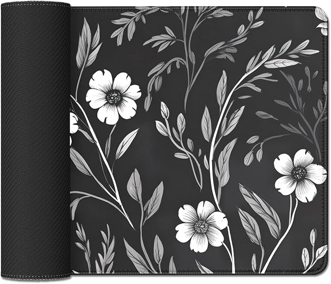 Black and White Mouse Pad Floral Desk Mat Large Desk Pad Alfombrilla para Mouse Gaming Mousepad with Stitched Edge Non-Slip Rubber Base for Work Study Gaming (27.5X11.8 in)