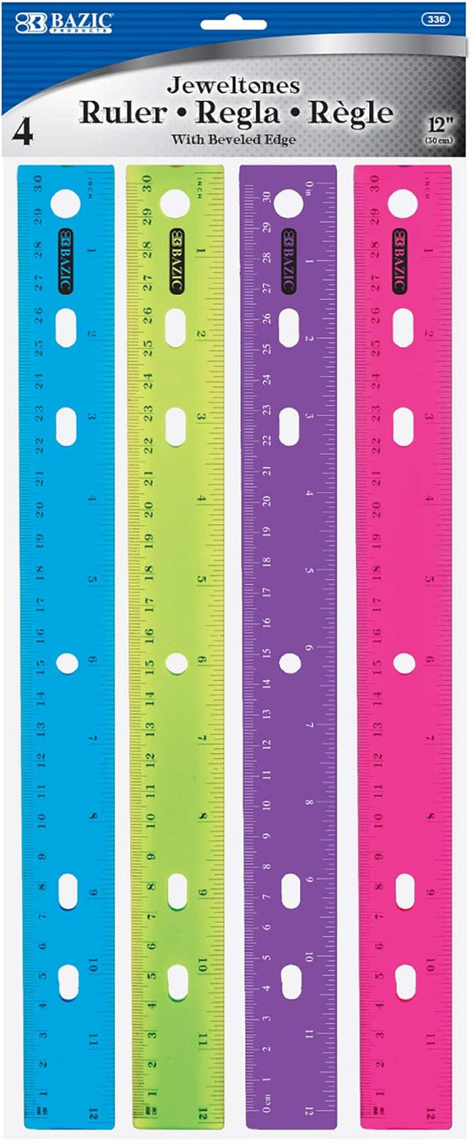 BAZIC Jeweltones Color Plastic Ruler 12" (30cm), Inches Centimeter Metric Measuring Drafting Rulers, for Students School Supplies (4/Pack), 1-Pack