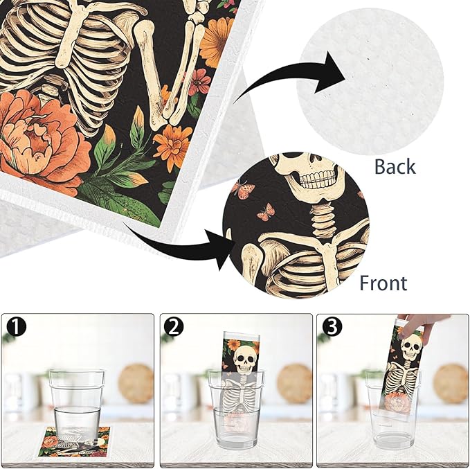 Floral Skull Swedish Dishcloths for Kitchen - 6PCS Gothic Skeleton Swedish Cloths for Washing Dishes Reusable Goth Dish Towels Washable Cleaning Sponge for Home Cleaning Party Fast Drying