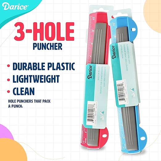 Darice 3 Hole Puncher 2 Pack - 5 Sheet Capacity Paper Punch with 10" Ruler - 3 Ring Easy-Clean Tray, Portable, Compact - Blue Pink