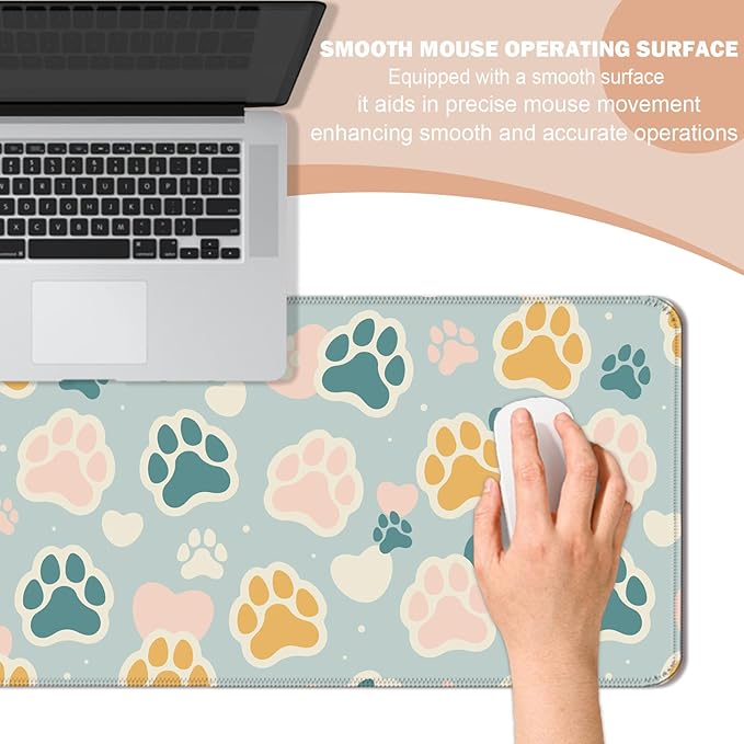 Cute Cat Paw Pattern Desk Mat, Large Gaming Mouse Pad, Computer Keyboard Laptop Girl Mousepad for Work, Game, Office and Home, XL