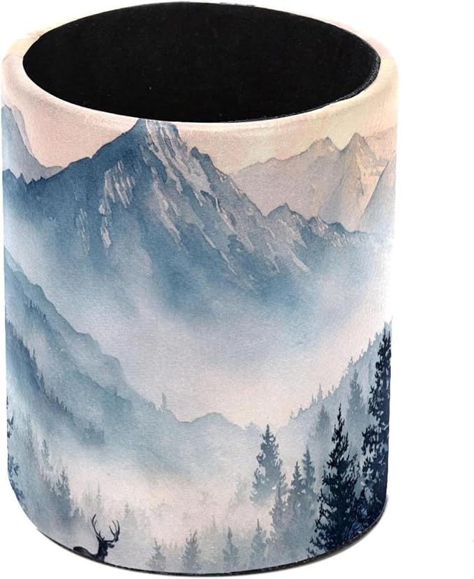 Watercolor Mountain Deer PVC Leather Circular Pencil Holder for Desk Organizer Stationery Holder for Office, School(3.9 x 3.1 Inches)