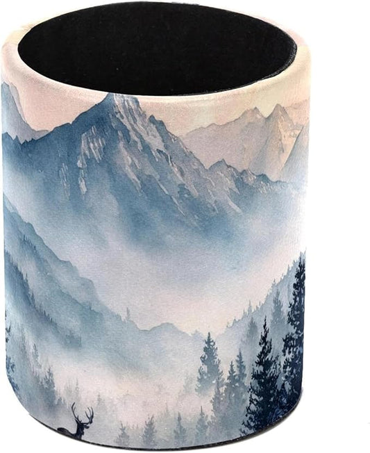 Watercolor Mountain Deer PVC Leather Circular Pencil Holder for Desk Organizer Stationery Holder for Office, School(3.9 x 3.1 Inches)