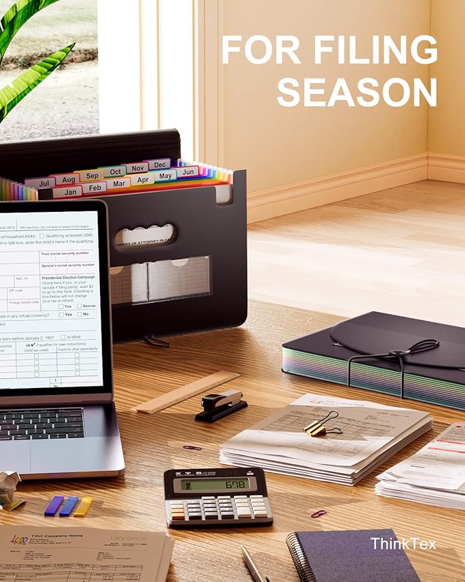 ThinkTex Accordion File Organizer, 12 Pockets Monthly Bill Receipt Organizer, Portable Expanding File Folders, Multi-Color Tabs, Letter/A4 Size - 3 Packs