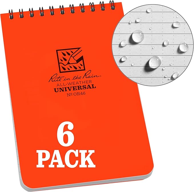 Rite in the Rain Weatherproof Top Spiral Notebook, 4" x 6", Orange Cover, Universal Pattern, 6 Pack (No. OR46L6)