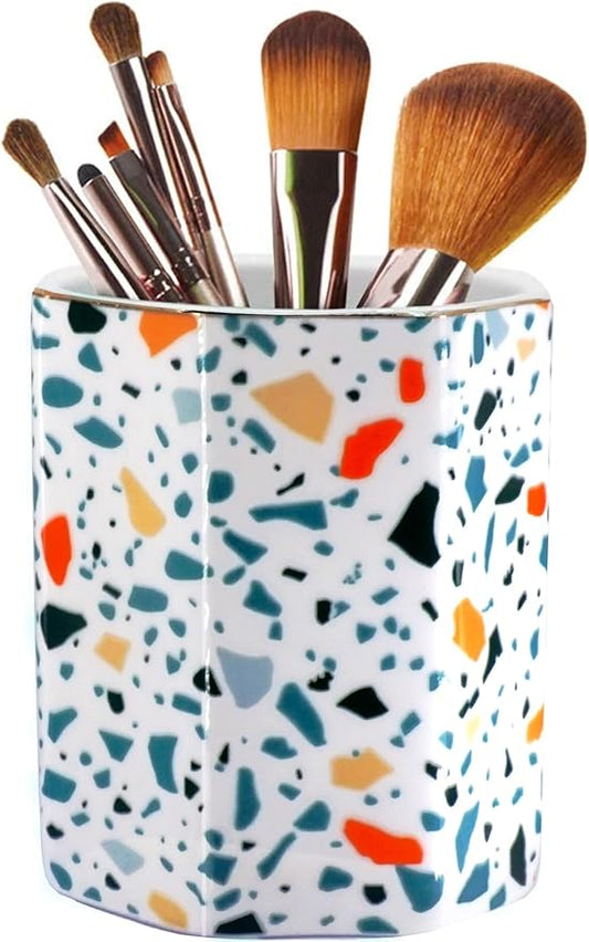Pen Holder, Makeup Brush Holder Ceramic Shiny Gold Terrazzo Marble Stone Pattern Pencil Cup for Girls Kids Women Durable Stand Desk Organizer Storage Gift for Office, Classroom, Home Colorful